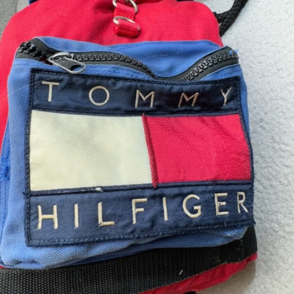 VINTAGE Tommy Hilfiger Backpack Red Blue 90s Alpine Olympics Patch‎ Cinch Canvas